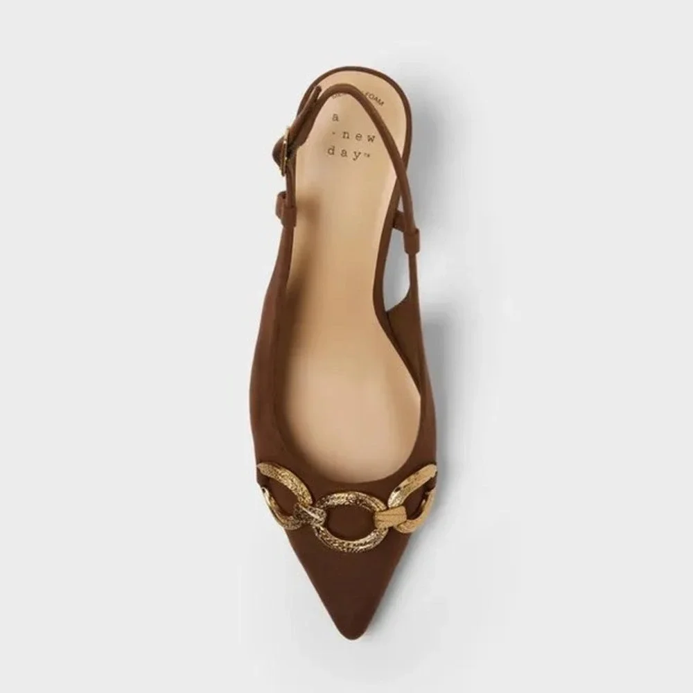 A New Day Brown Slingback Kitten Heels Gold Chain Link Pointed Toe Pumps Size 66